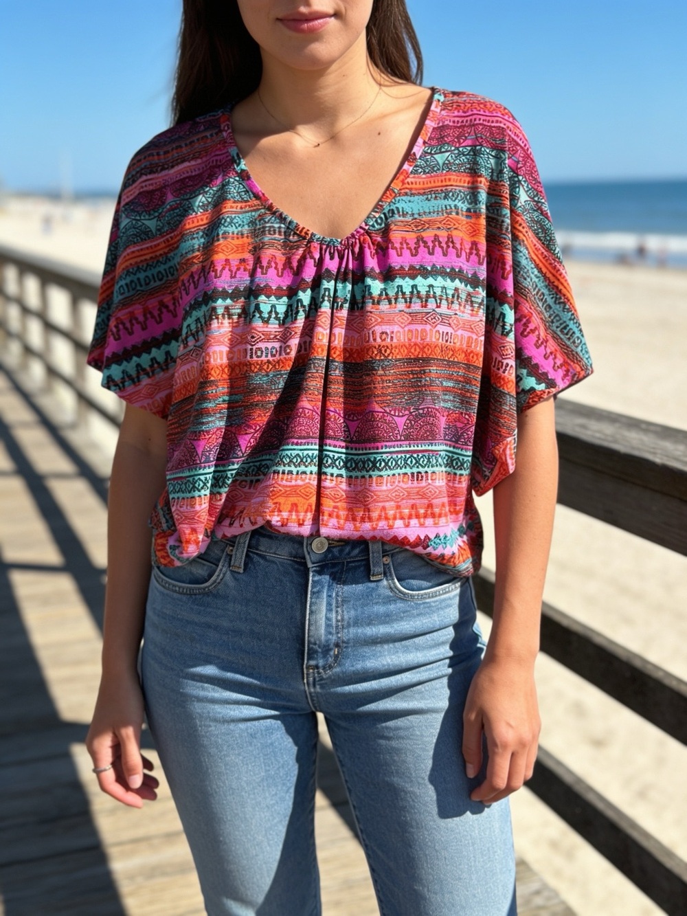 Boho, Festive  V-Neck Printed Flutter Sleeve Top - Multi Color Dolman Sleeves 1X